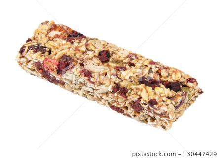 Granola bar cereal superfood energy nuts with berries isolated on white background Granola bar cereal superfood energy nuts with berries isolated on white background 130447429