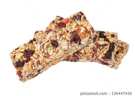 Granola bar cereal superfood energy nuts with berries isolated on white background 130447430