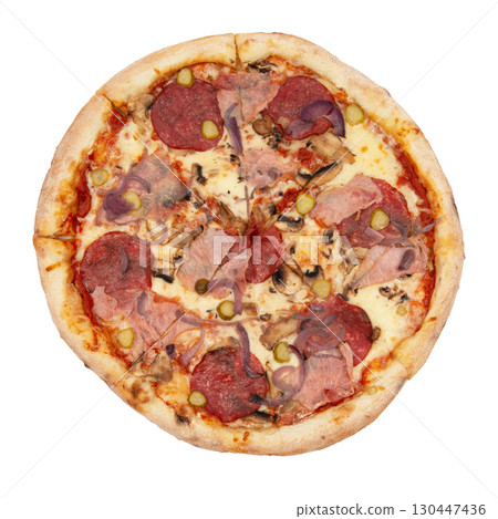 A slice of pizza bacon, ingredient becon and mozarella, isolated on white 130447436