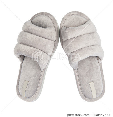 Pair of soft fluffy slippers on white background Pair of soft fluffy slippers on white background 130447445