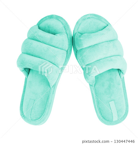Pair of soft fluffy slippers on white background Pair of soft fluffy slippers on white background 130447446