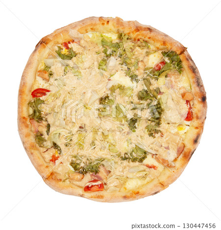 Tasty pizza with salad leaves, cheese, tomatoes. Healthy vegetables pizza. Italian pizza, isolated on white background Tasty pizza with salad leaves, cheese, tomatoes. Healthy vegetables pizza. Italian pizza, isolated on white background 130447456