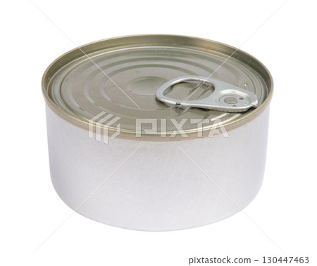 Closed bank of canned food on white background 130447463