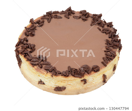Creamy dark chocolate cheesecake with chocolate isolated on white background 130447794