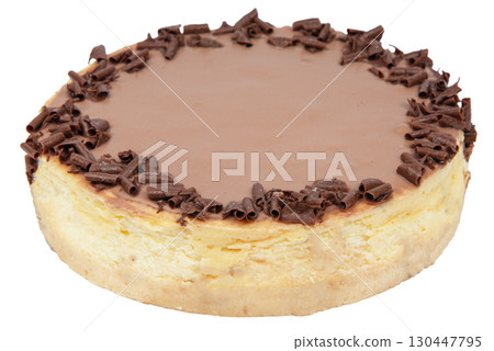 Creamy dark chocolate cheesecake with chocolate isolated on white background 130447795