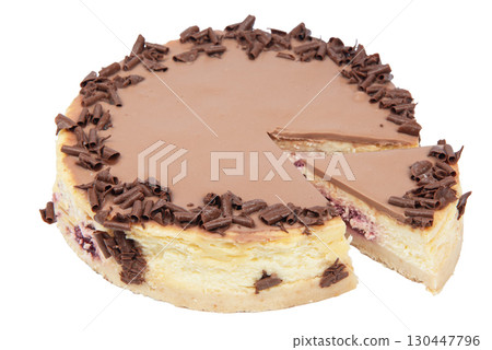 Creamy dark chocolate cheesecake with chocolate isolated on white background Creamy dark chocolate cheesecake with chocolate isolated on white background 130447796