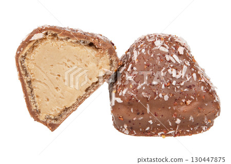 Chocolate wafer candy crispy sweets with filling isolated on the white 130447875