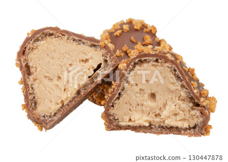 Chocolate wafer candy crispy sweets with filling isolated on the white 130447878