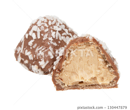 Chocolate wafer candy crispy sweets with filling isolated on the white 130447879