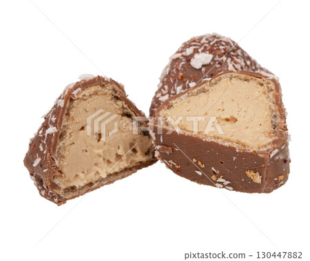 Chocolate wafer candy crispy sweets with filling isolated on the white 130447882