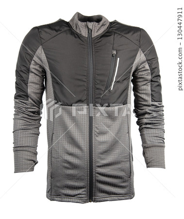 Men's black warm sport puffer jacket isolated on white background. Men's black warm sport puffer jacket isolated on white background. 130447911