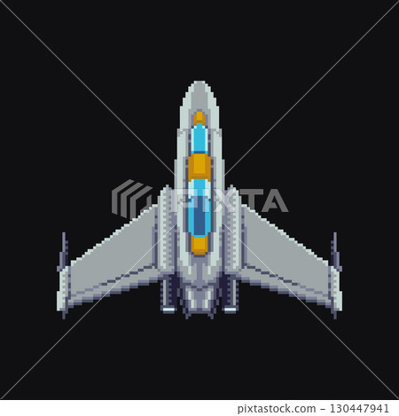 Pixel art spaceship isolated on black background, perfect for retro video games, designs, and sci-fi projects. Vector illustration. 130447941