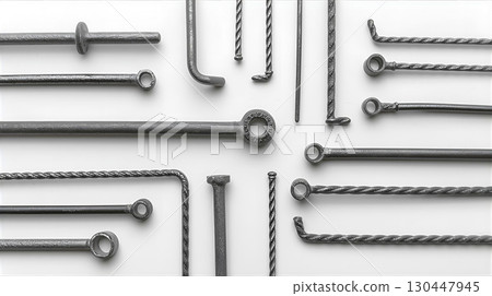 白色背景上排列的鋼筋混凝土棒 130447945