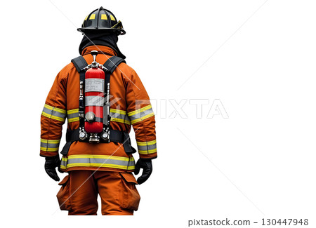 Back view of a firefighter wearing a fireproof suit on a white background 130447948