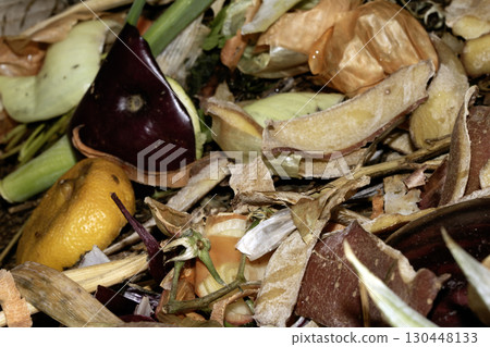 Close up of spoiled rotten vegetable waste food on a compost Close up of spoiled rotten vegetable waste food on a compost 130448133