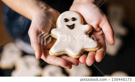 Funny scary ghost cookies for Halloween, selective focus 130448173