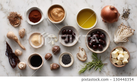 Assorted ingredients: spices, vegetables, and sauces on marble surface 130448354