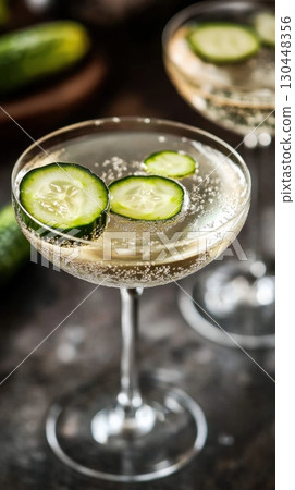 Refreshing cucumber cocktail with bubbles in elegant glass 130448356