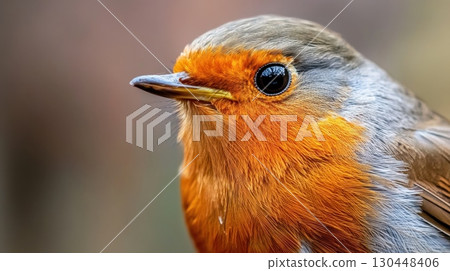 Close-up of vibrant robin with striking orange and grey plumage in natural habitat 130448406