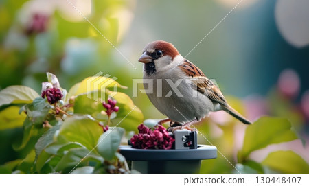 Sparrow perched on feeder in lush garden 130448407
