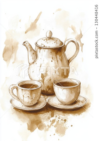 Vintage teapot and cups still life in watercolor style 130448416