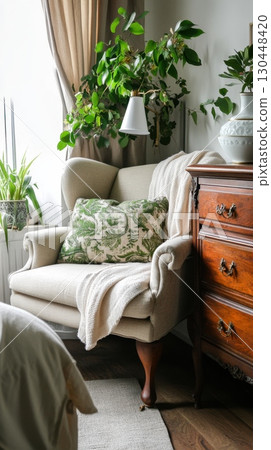 Cozy reading nook with armchair and indoor plants by window in sunlit room 130448420