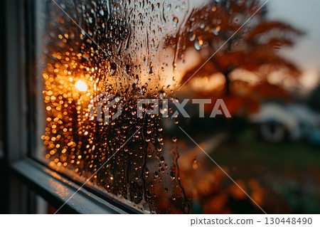 Autumn Sunset Through Rain-Soaked Window for Seasonal Design and Decor Generative AI Autumn Sunset Through Rain-Soaked Window for Seasonal Design and Decor Generative AI 130448490