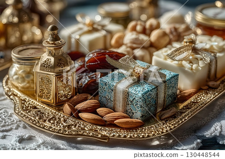 Luxurious Eid Celebration with Dates, Nuts, and Gift Boxes on Ornate Tray Generative AI 130448544