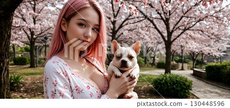 Pink-haired beautiful woman holding a puppy 130448596