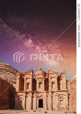 Historic Petra Monastery under a Starry Sky at Dusk Historic Petra Monastery under a Starry Sky at Dusk 130448710