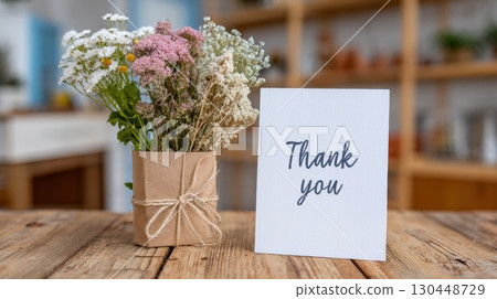 Thank you card displayed alongside a lovely arrangement of flowers in a warm and inviting space Thank you card displayed alongside a lovely arrangement of flowers in a warm and inviting space 130448729