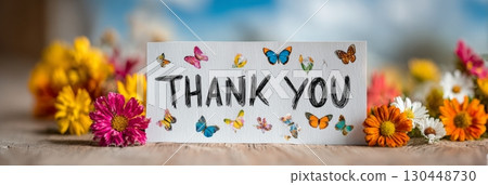 Thank you card decorated with butterflies rests among bright, blooming flowers outdoors 130448730