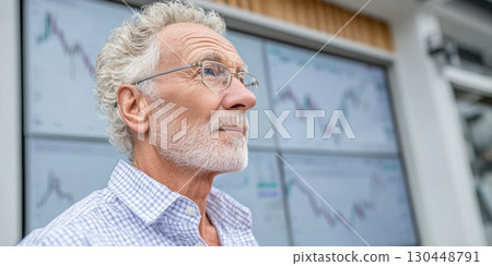 Senior businessman with glasses gazing thoughtfully at financial charts, embodying the concept of an ageless workforce and redefined retirement 130448791
