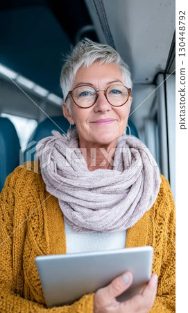 Senior woman with short gray hair and glasses is smiling while holding a tablet, showcasing an ageless workforce and redefining retirement 130448792