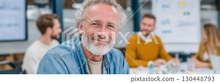 Senior man with gray hair smiling confidently in a modern office, surrounded by colleagues, representing an ageless workforce and longevity at work 130448793
