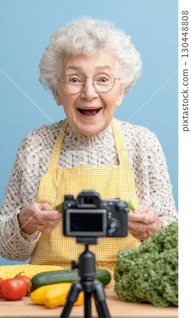 Elderly blogger showcases fresh produce while smiling in front of the camera, promoting healthy eating 130448808