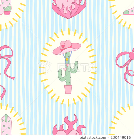 Cowgirl seamless pattern. Cowboy western theme, cactus, boots, flame heart and coquette bow. Hand-drawn cartoon print on a stripy blue background. Vector wallpaper, t-shirt, vintage wrapping paper. Cowgirl seamless pattern. Cowboy western theme, cactus, boots, flame heart and coquette bow. Hand-drawn cartoon print on a stripy blue background. Vector wallpaper, t-shirt, vintage wrapping paper. 130449016