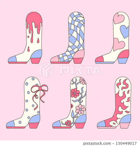 Cowgirl Boots Sticker set. Cowboy western theme, wild west. Vector cowgirl boots with ornament. Hand-drawn cartoon trendy illustration. Flat style, t-shirt, vintage retro cow girl tee. Cowgirl Boots Sticker set. Cowboy western theme, wild west. Vector cowgirl boots with ornament. Hand-drawn cartoon trendy illustration. Flat style, t-shirt, vintage retro cow girl tee. 130449017
