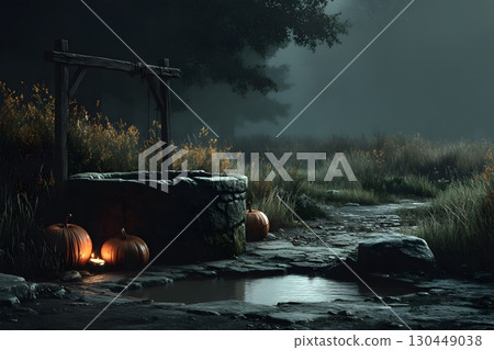 Mysterious Halloween Night with Pumpkin-Lit Well in Foggy Forest Generative AI 130449038