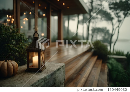 Cozy Autumn Evening by a Modern Cabin with Lantern and Pumpkins Generative AI Cozy Autumn Evening by a Modern Cabin with Lantern and Pumpkins Generative AI 130449080