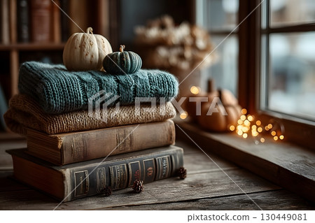 Cozy Autumn Vibes with Pumpkins and Knitted Sweaters by a Rustic Window Generative AI 130449081