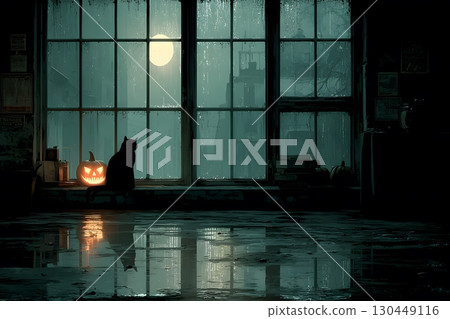 Halloween Night Scene with Black Cat and Pumpkin by Moonlit Window Generative AI 130449116