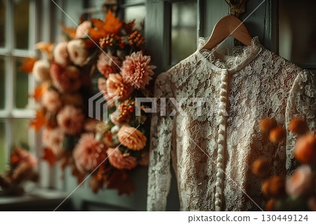 Elegant Lace Wedding Dress with Autumn Floral Arrangements for Rustic Fall Celebrations Generative AI 130449124