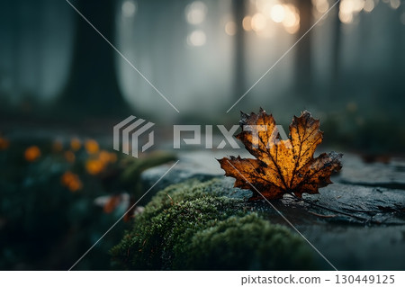 Misty Autumn Forest with a Single Maple Leaf on Mossy Ground Nature's Serenity for Seasonal Design Generative AI 130449125