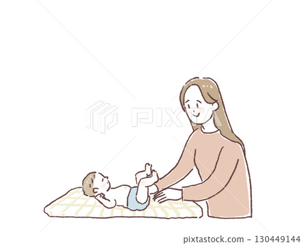 年輕女子幫嬰兒換尿布，母親，哄睡，養育 130449144