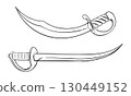 Two boarding sabers with a cleaver blade. Cold weapons. Vector sketch of a pirate saber. Corsair's broadsword with a curved blade. Linear drawing on a white background. 130449152