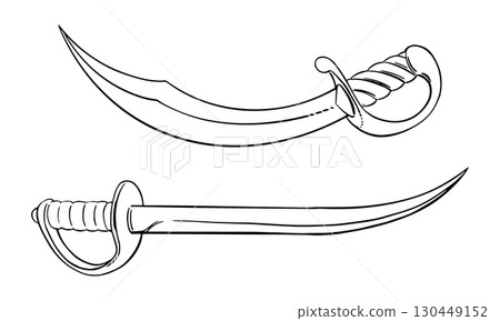 Two boarding sabers with a cleaver blade. Cold weapons. Vector sketch of a pirate saber. Corsair's broadsword with a curved blade. Linear drawing on a white background. 130449152