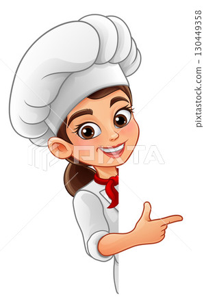 Cartoon Chef Woman Pointing at Blank Space Cartoon Chef Woman Pointing at Blank Space 130449358