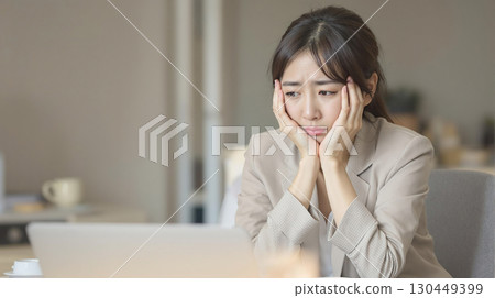 辦公室裡一位憂心忡忡的女職員，用手摀著臉頰 130449399