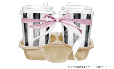 Coffee cups watercolor illustration. Hand drawn two glasses of hot cappuccino on holder. Food clip art. Ideal for bakery prints, postcards and pastry shop posters. Coffee cups watercolor illustration. Hand drawn two glasses of hot cappuccino on holder. Food clip art. Ideal for bakery prints, postcards and pastry shop posters. 130449508